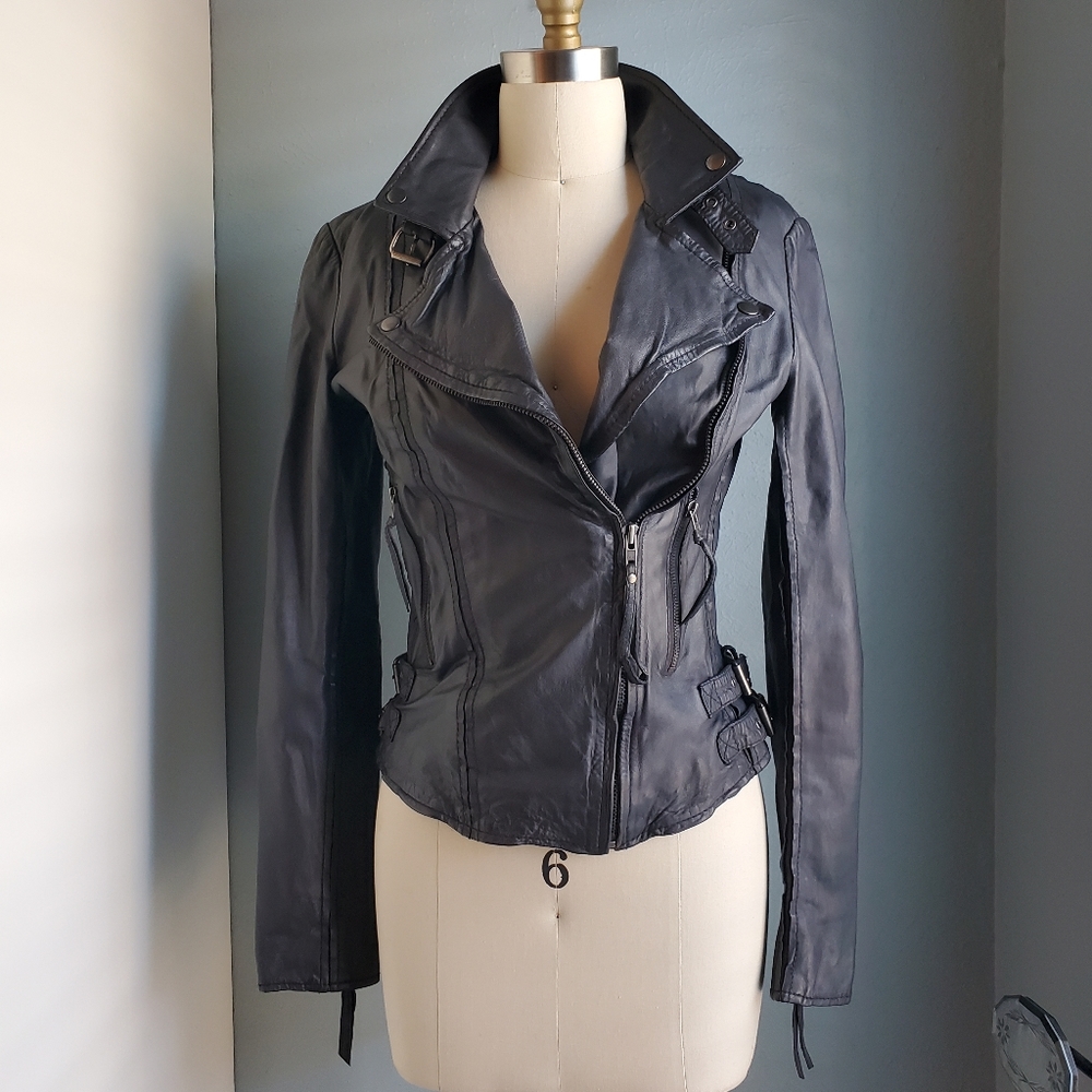 NEW Muubaa Genuine Leather Moto Jacket M0184 Army Grey Size 2